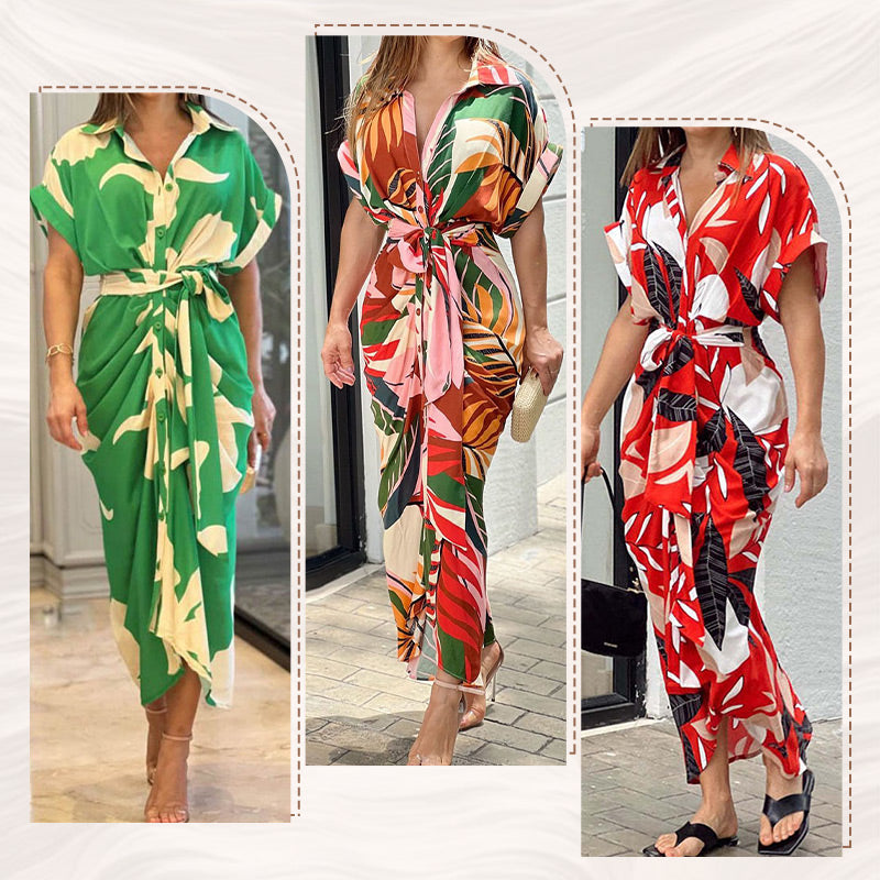 🔥Summer Hot Sale🔥Printed Waist Cinching Shirt Dress