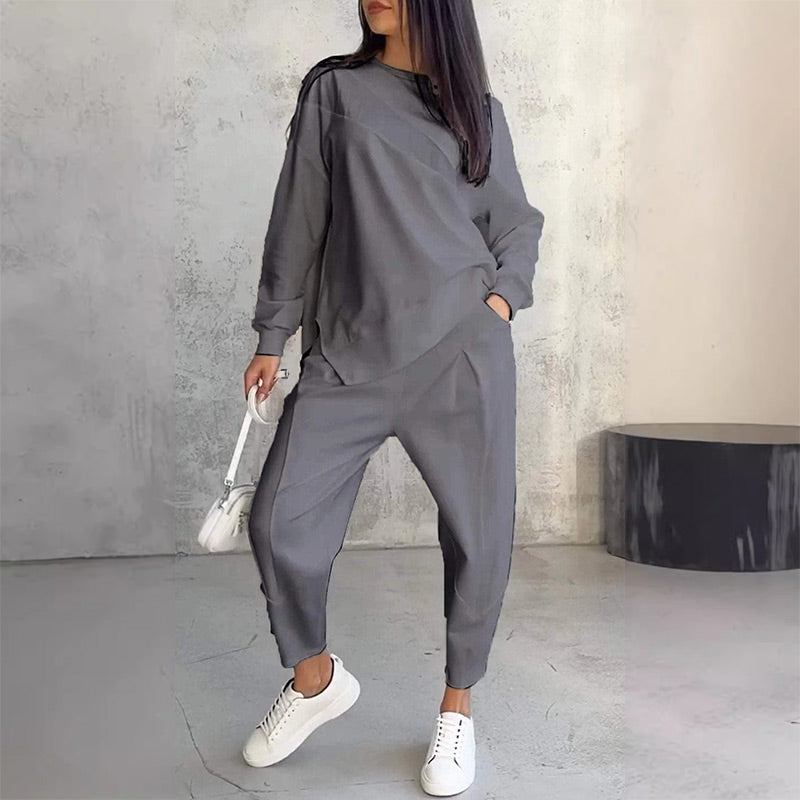 Women Long-Sleeve Irregular Hem Sweatshirts & Pants Set