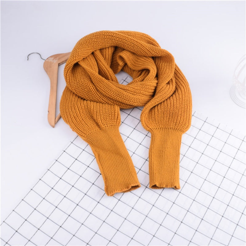 Women's Solid Knitted Sweater Scarf with Sleeves