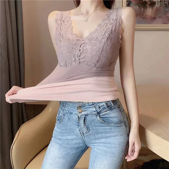 Women's Winter Lace Seamless V-Neck Padded Thickened Thermal Vests