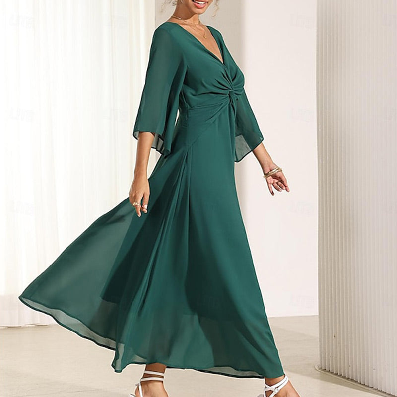 Women's Elegant Chiffon Twisted Dress with V-Neck & Flared Sleeve