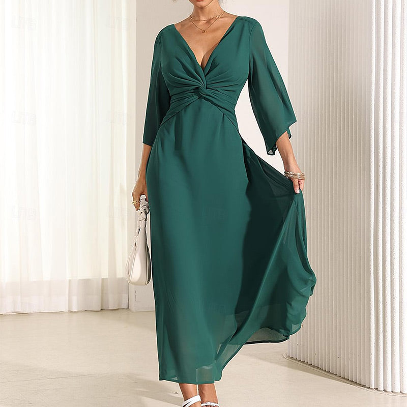 Women's Elegant Chiffon Twisted Dress with V-Neck & Flared Sleeve