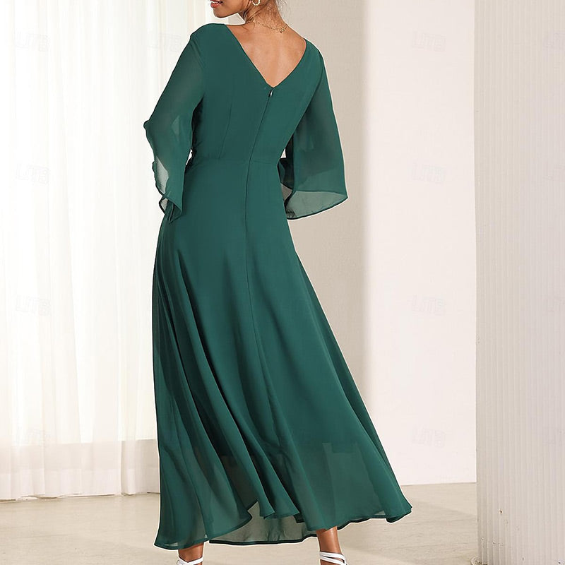 Women's Elegant Chiffon Twisted Dress with V-Neck & Flared Sleeve