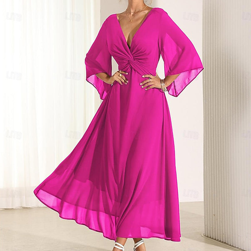 Women's Elegant Chiffon Twisted Dress with V-Neck & Flared Sleeve