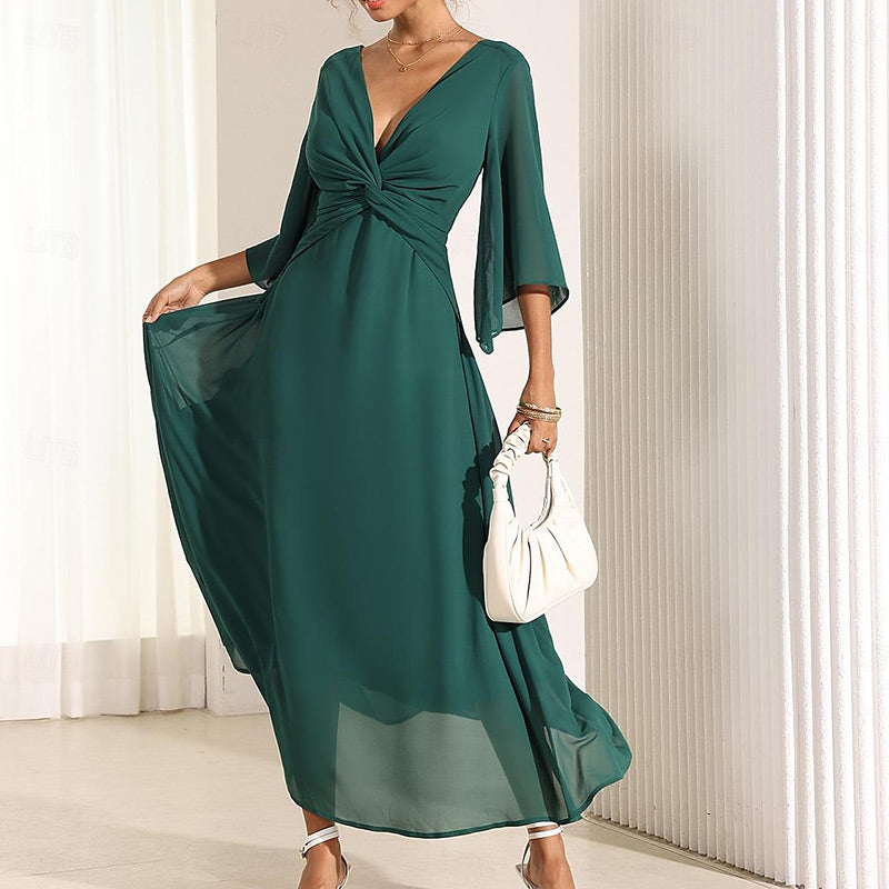 Women's Elegant Chiffon Twisted Dress with V-Neck & Flared Sleeve