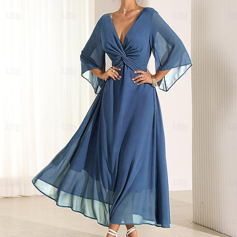 Women's Elegant Chiffon Twisted Dress with V-Neck & Flared Sleeve