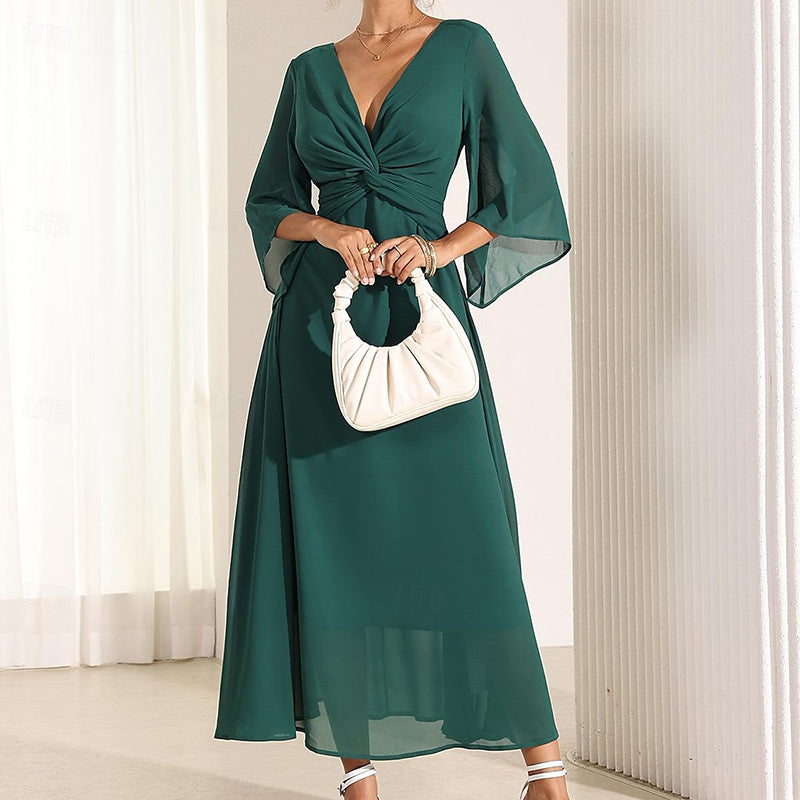 Women's Elegant Chiffon Twisted Dress with V-Neck & Flared Sleeve