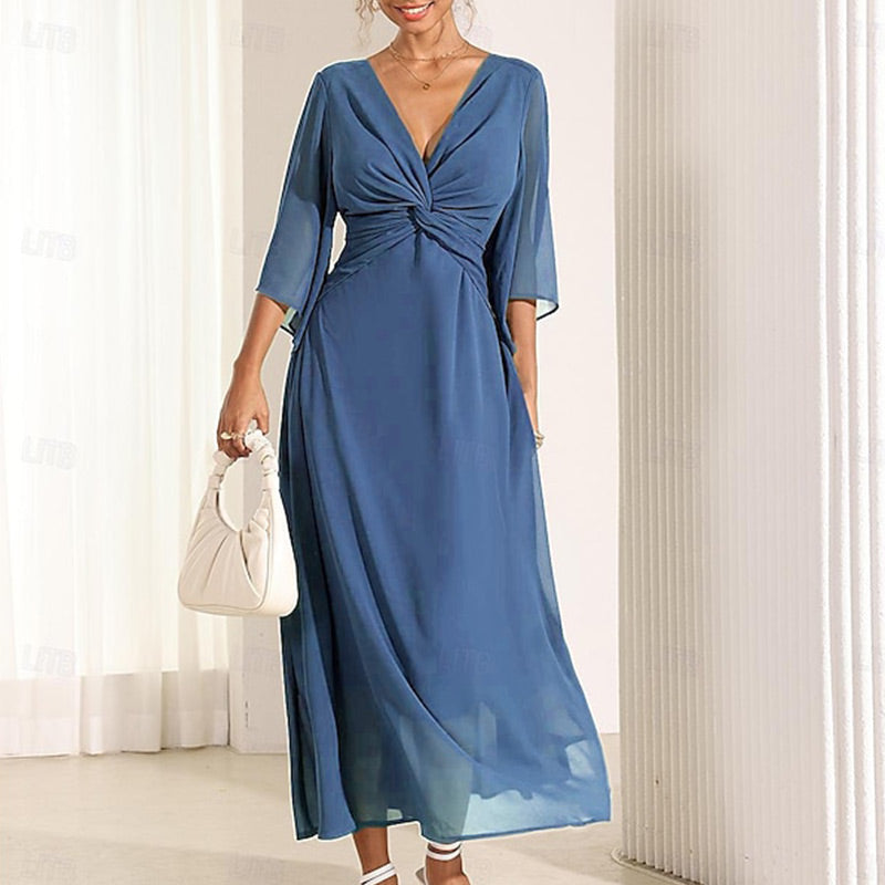 Women's Elegant Chiffon Twisted Dress with V-Neck & Flared Sleeve