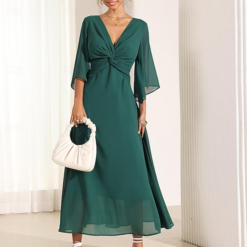 Women's Elegant Chiffon Twisted Dress with V-Neck & Flared Sleeve