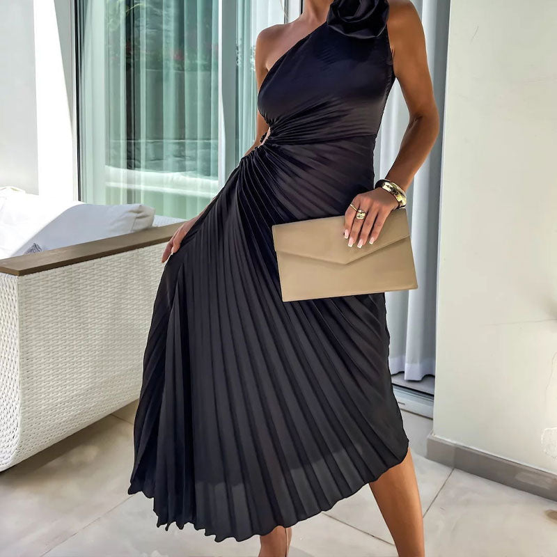 Asymmetrical Pleated Dress with Slant Neckline