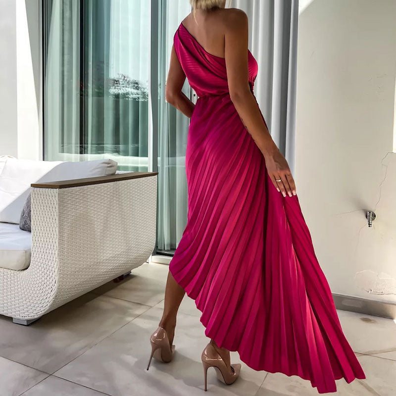 Asymmetrical Pleated Dress with Slant Neckline