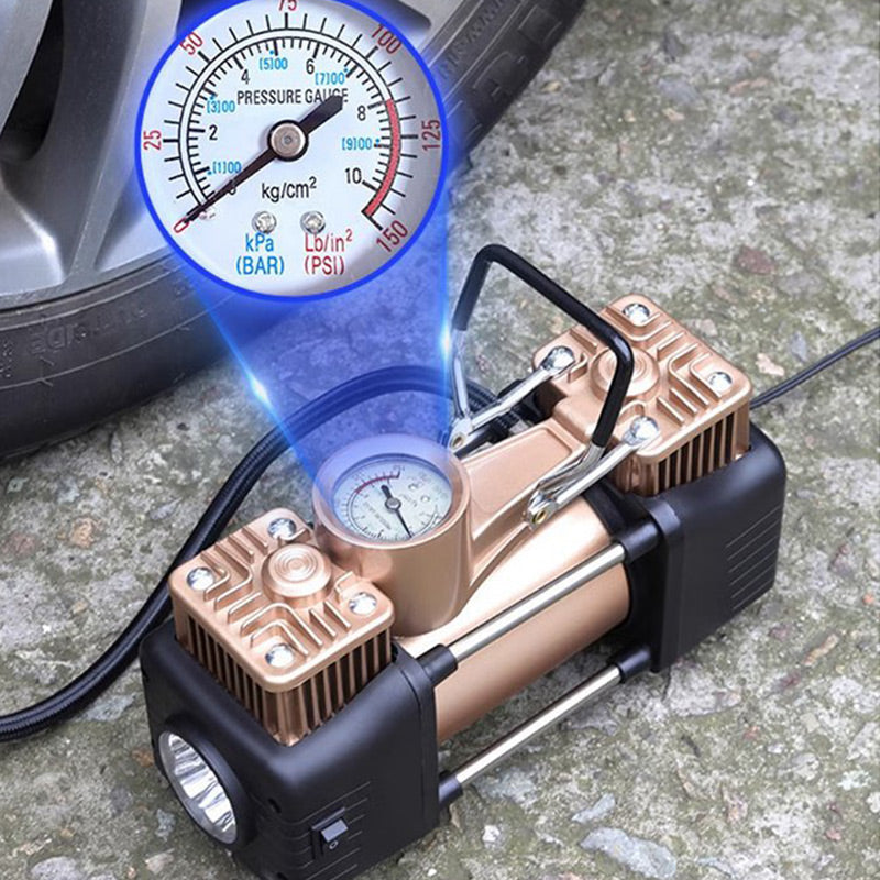 Portable Tire Inflator with Pressure Gauge & 3 Nozzles