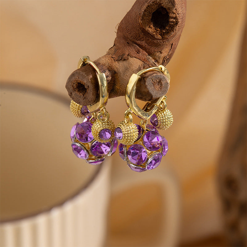 Vintage Gold-Plated Hoop Earrings with Purple Crystal Sphere