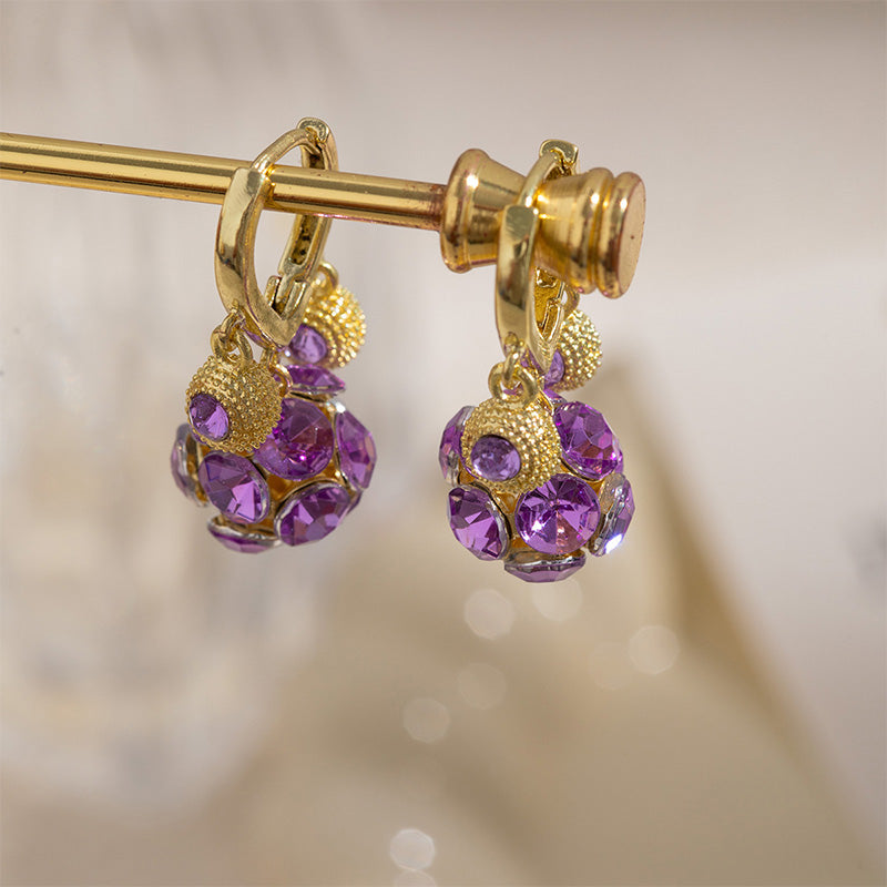 Vintage Gold-Plated Hoop Earrings with Purple Crystal Sphere