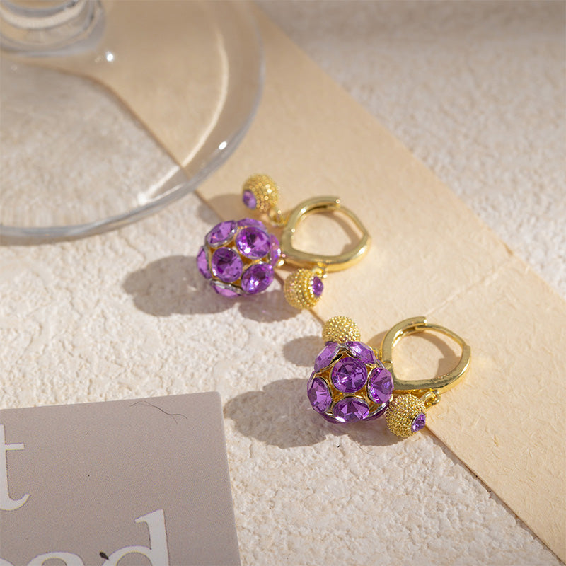 Vintage Gold-Plated Hoop Earrings with Purple Crystal Sphere