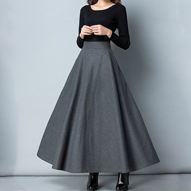 Solid Color High-Waist A-Line Midi Skirt