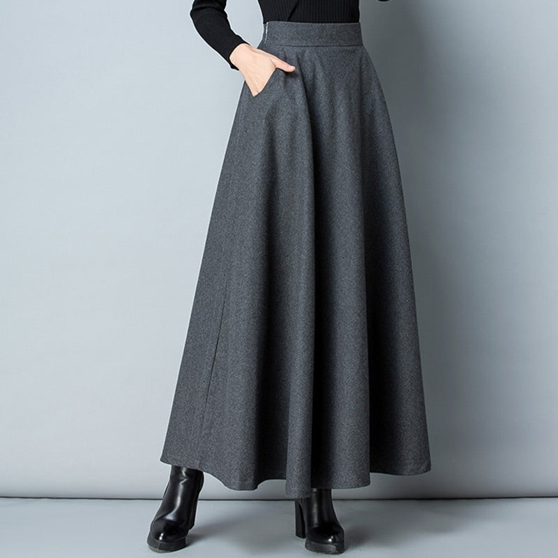 Solid Color High-Waist A-Line Midi Skirt