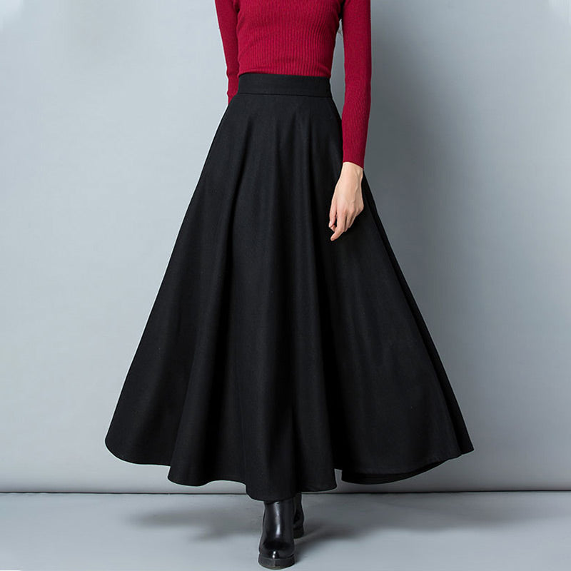 Solid Color High-Waist A-Line Midi Skirt