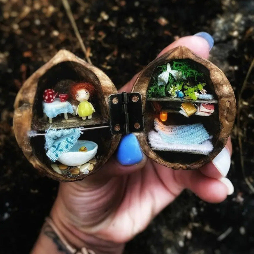 🏠Walnut Shell Doll House--mini library, tiny World inside walnuts